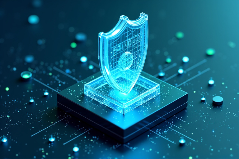 Data security illustration showing a shield protecting digital information